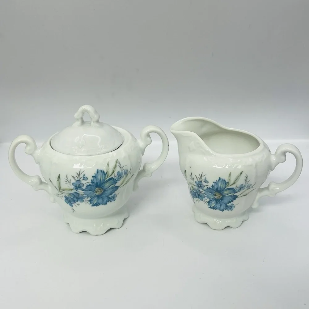 Vintage White Ceramic Teapot Blue Floral Cornflower Design Scalloped Rim